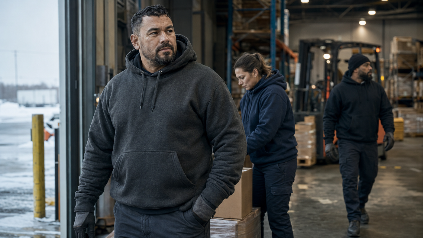 Warehouse workers in durable blue collar sweatshirts and heavy duty workwear hoodies during a cold shift