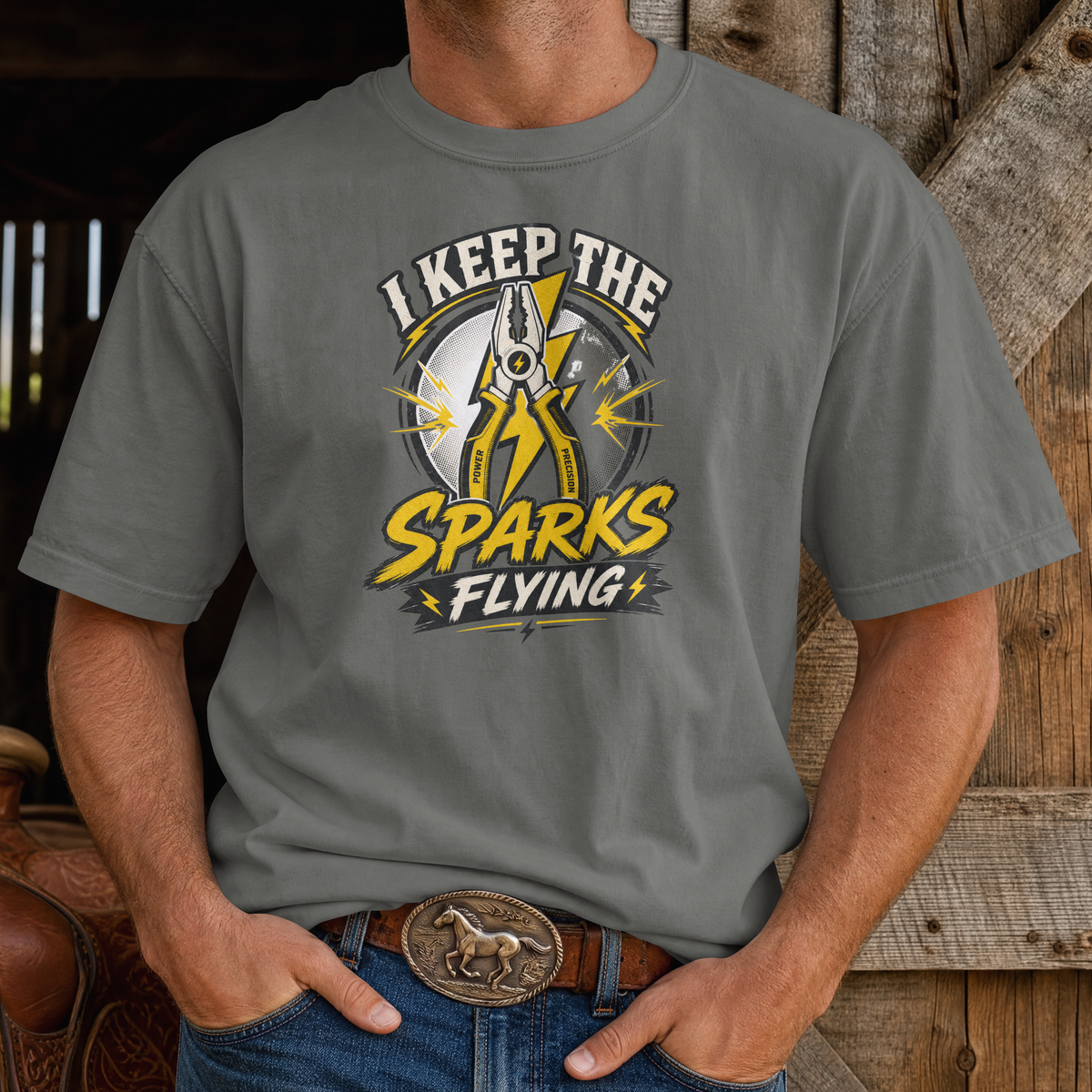 I Keep the Sparks Flying T-Shirt — Electrician Plier Tool Tee