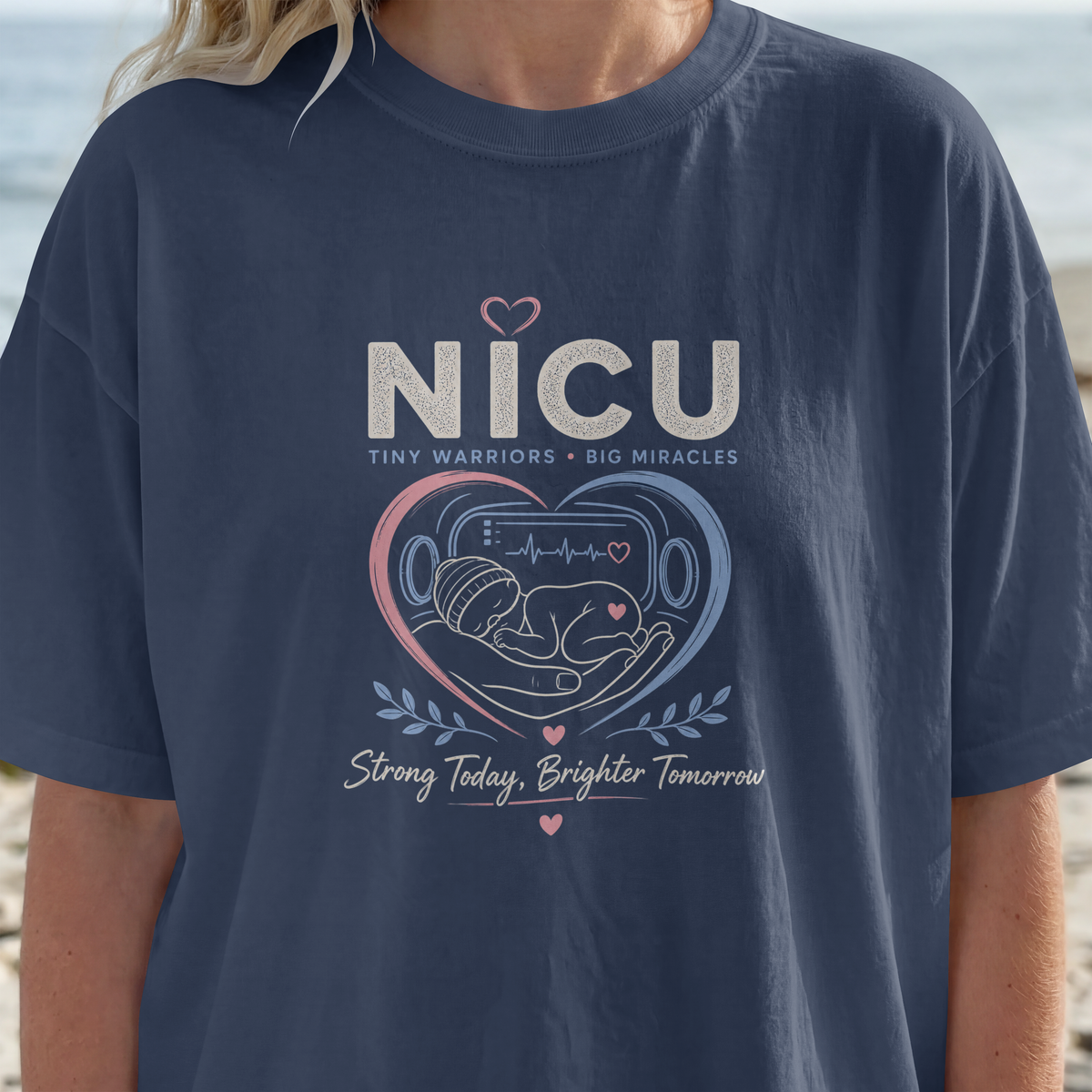 NICU Nurse Tiny Warriors Big Miracles tee worn on a NICU shift, lifestyle view