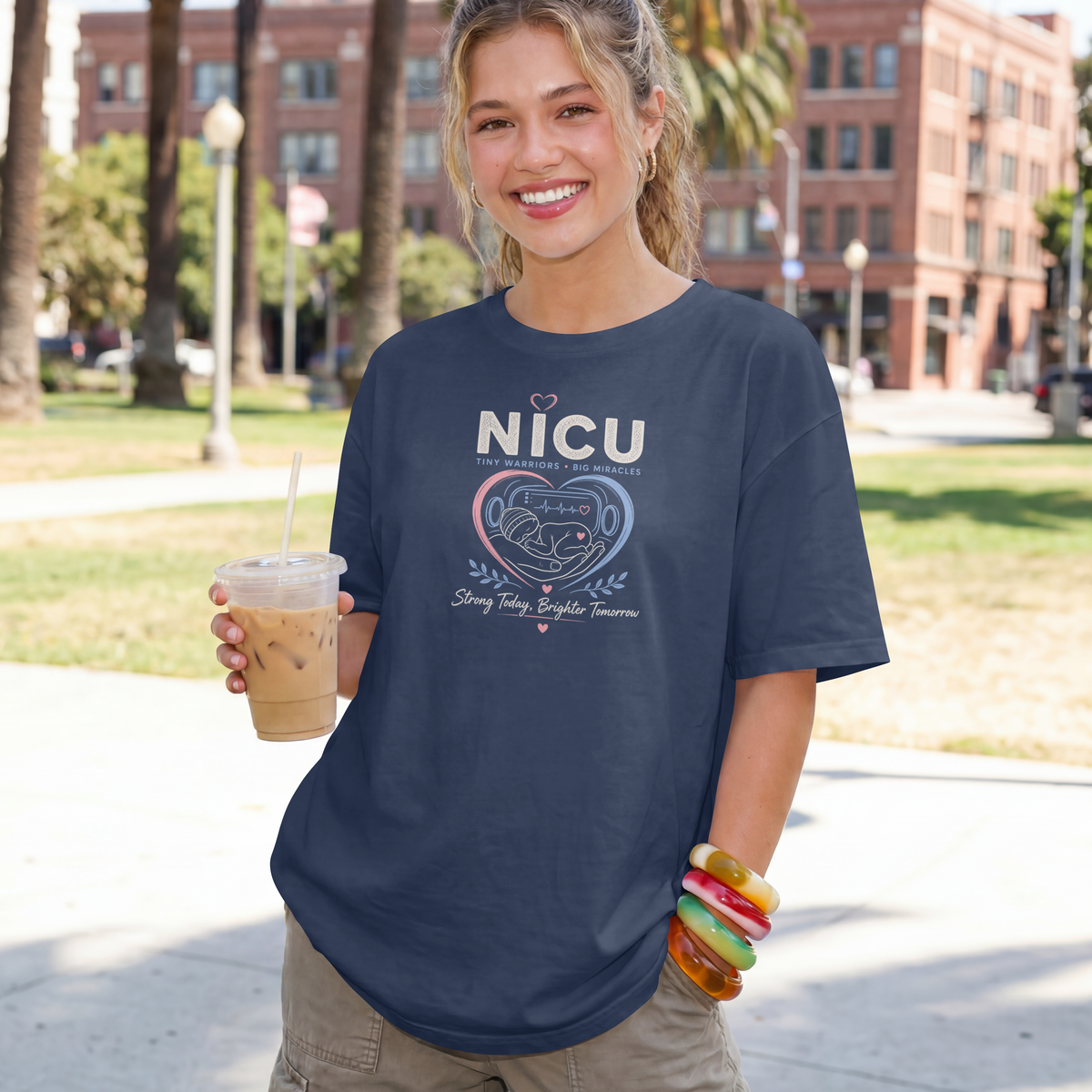 NICU Nurse Tiny Warriors Big Miracles tee, chest graphic detail