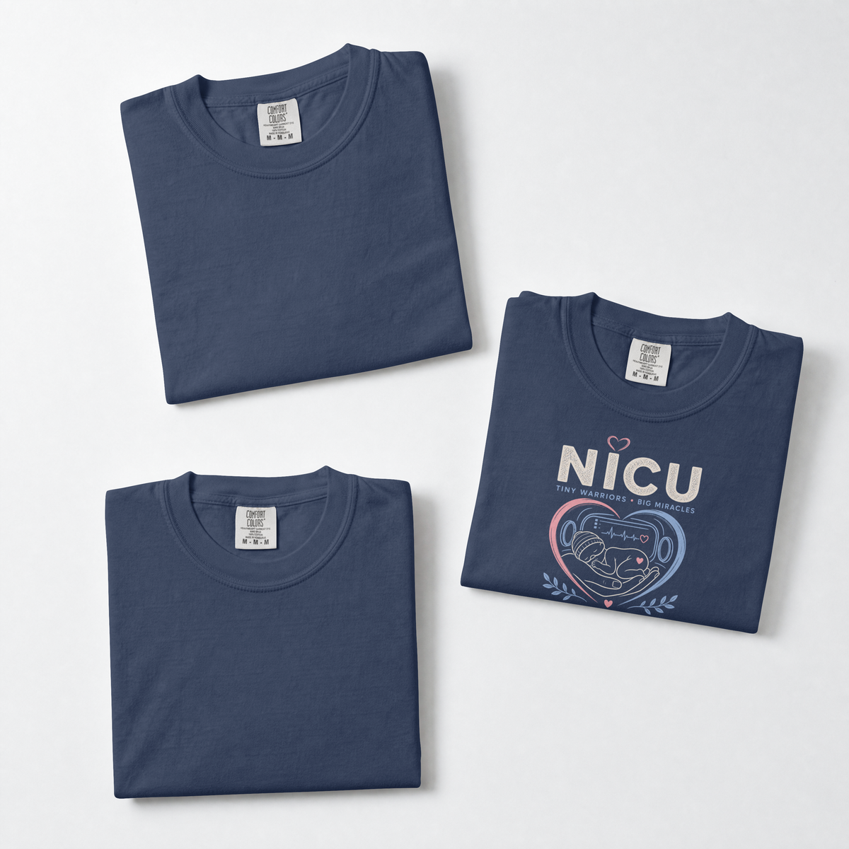 NICU Nurse Tiny Warriors Big Miracles design on a Comfort Colors 1717 tee, studio front view