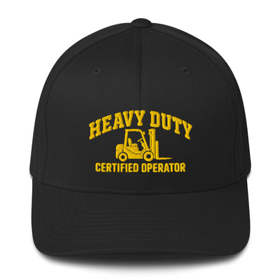 Heavy Duty Certified forklift operator hat in black, front view with embroidered logo