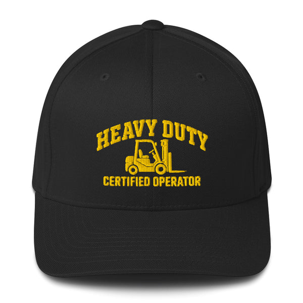 Heavy Duty Certified forklift operator hat in black, front view with embroidered logo