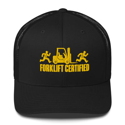 Forklift Certified trucker hat in black, front view with embroidered text