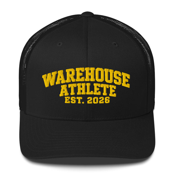 Warehouse Athlete Est. 2026 trucker hat in black, front view