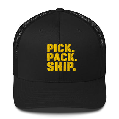 Pick Pack Ship warehouse worker trucker hat in black, front view