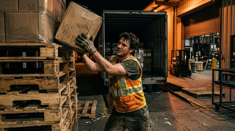 Warehouse worker lifting a heavy box onto a pallet at the end of a shift
