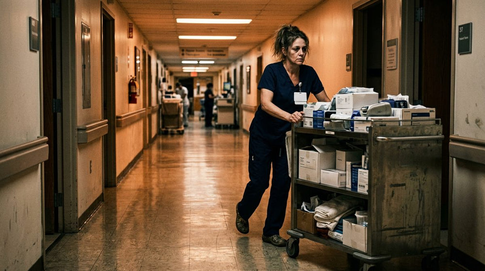 Nurse pushing a loaded supply cart at the end of a 12-hour shift