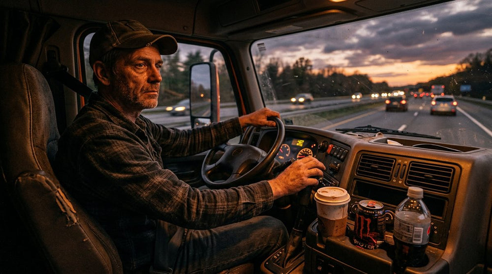 Truck driver at the wheel with coffee, energy drinks and soda in the cup holders