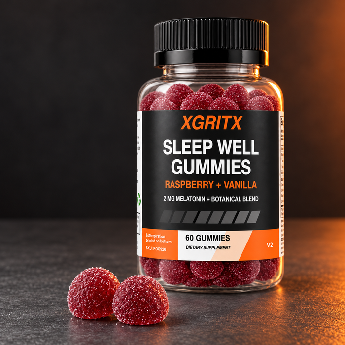 XGRITX Night Reset Sleep Well Gummies with two raspberry gummies