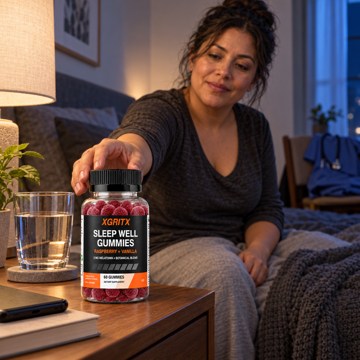Off-duty nurse beginning a wind-down routine with XGRITX Sleep Well Gummies