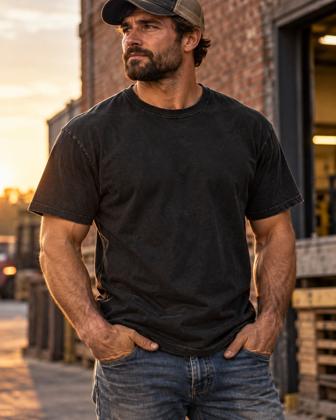 Worker wearing a black T-shirt