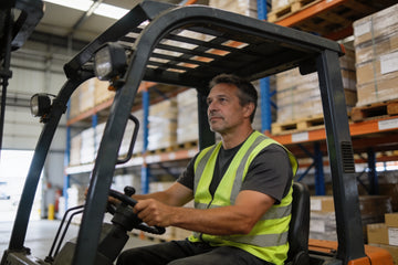 A forklift operator in his 40s seated on a sit-down counterbalance forklift inside a large distribution center
