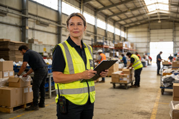 A warehouse supervisor in her 40s standing on a busy distribution center floor with a radio on her hip and clipboard