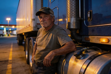 A long-haul truck driver in his 50s leaning on the fuel tank of a parked semi truck at a truck stop at dusk