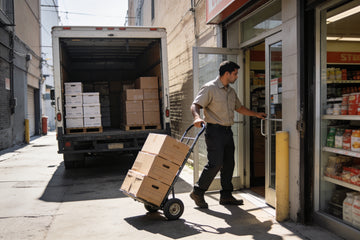 A local delivery driver unloading cases from a box truck with a two-wheeler hand truck at a store back door