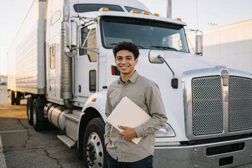 A young man in his early 20s standing proudly beside a semi truck in a training yard holding his new commercial driver license folder