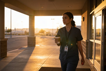 A night shift nurse in scrubs walking out of a hospital entrance at sunrise