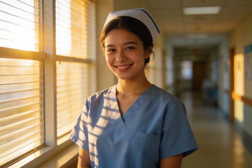 A young new graduate nurse in fresh scrubs standing in a hospital hallway on her first day