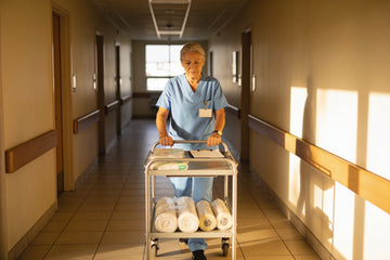 A certified nursing assistant in scrubs pushing a supply cart down a quiet care facility hallway