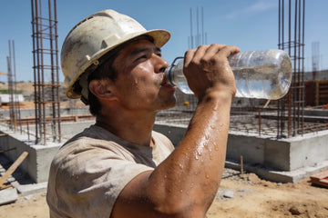 A construction laborer on a hot summer jobsite drinking from a water jug