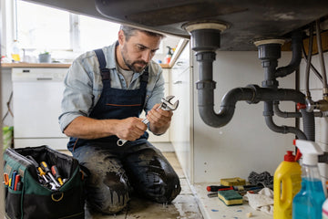 A plumber kneeling under a kitchen sink with a wrench