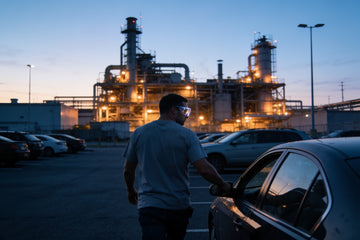 A third shift factory worker in a plain t-shirt and safety glasses walking to his car in a dark employee parking lot at dawn with the plant lit behind him