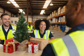 A warehouse crew break room holiday gift exchange