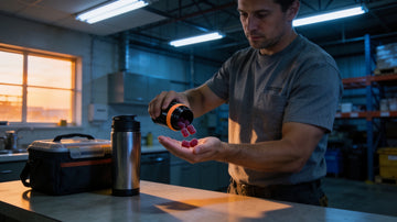Warehouse worker in a break room at dawn pouring berry gummy multivitamins into his palm next to a coffee thermos and lunch cooler.