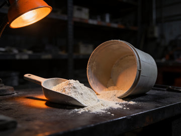 A scoop of fine off-white powder spilled across a dark steel workbench beside an open tub, lit by a single orange work lamp.