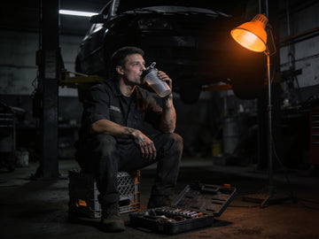 A mechanic takes a break sitting on an upturned crate in a dim workshop, drinking from a plain bottle under an orange inspection lamp.