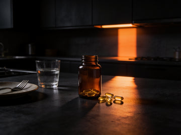 An amber supplement bottle on a dark kitchen counter with golden softgels spilled beside it, a glass of water and a plate in the low orange light.