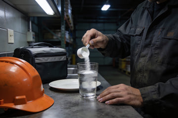 A warehouse worker pours a scoop of plain creatine powder into a glass of water at a break-room counter before a fasted early shift.