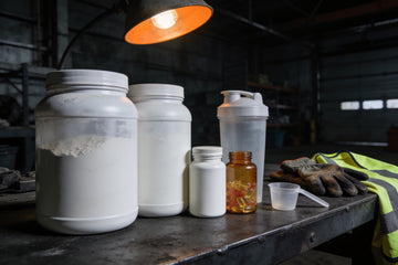 Four plain unlabelled supplement containers, a shaker bottle and a scoop lined up on a steel workbench beside work gloves and a hi-vis vest.