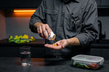 A man in a charcoal work shirt tips two multivitamin gummies into his palm at a dark kitchen counter before a shift, water and a packed lunch beside him.