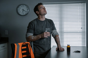 A warehouse worker home from a night shift pauses at his dim kitchen counter with a glass of water, checking the wall clock, hi-vis vest on the chair.
