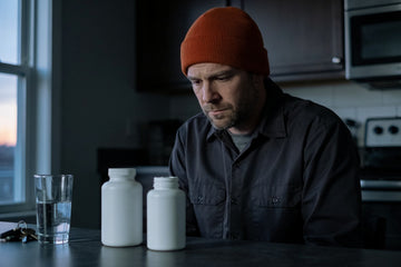 A night shift worker in a charcoal work shirt and orange beanie studies two unlabeled white supplement bottles at a dim kitchen counter at dawn.