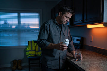 A night shift worker home at dawn stands at a dim kitchen counter with a plain white supplement bottle and a glass of water, hi-vis vest on the chair.