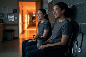 Two emergency department nurses in plain grey t-shirts take a break in a dim hospital break room at night, one holding an insulated coffee tumbler.