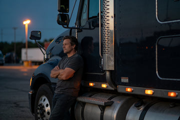 A long-haul driver in a plain charcoal t-shirt leans against the cab of his parked semi at dusk in a quiet truck stop lot, arms folded after a long run.