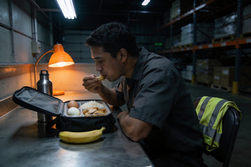 A warehouse worker eats a packed meal of rice, chicken and a boiled egg from a cooler bag at a steel break room table during an overnight shift.