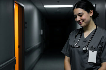 A newly graduated nurse in charcoal scrubs with a stethoscope and blank badge smiles in a dim hospital corridor at the start of a night shift.