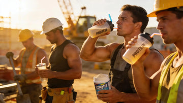 Laborers on a construction site using protein and electrolyte powders for nutrition and energy