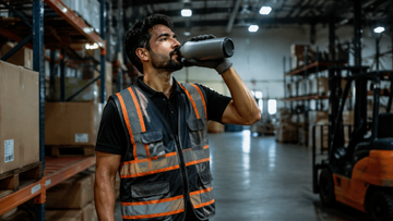 Warehouse worker hydrating and cooling down after a lifting shift