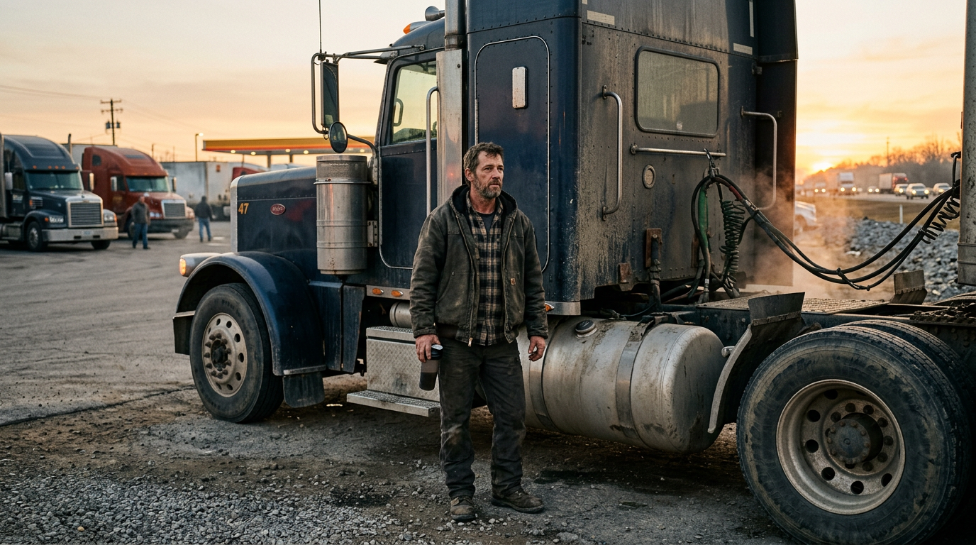 Long-haul truck driver with a shaker bottle beside his cab at a truck stop at dawn