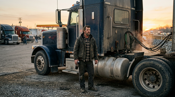 Long-haul truck driver with a shaker bottle beside his cab at a truck stop at dawn