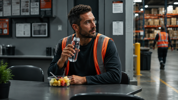 Warehouse worker choosing water fruit and movement for steady energy