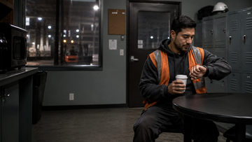 Night shift warehouse worker managing caffeine timing during a break