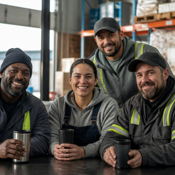 Four warehouse workers in hi-vis jackets and beanies sit around a break room table with insulated tumblers, smiling on a shift break.