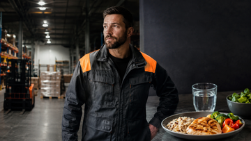 Warehouse worker comparing hydration and balanced nutrition choices